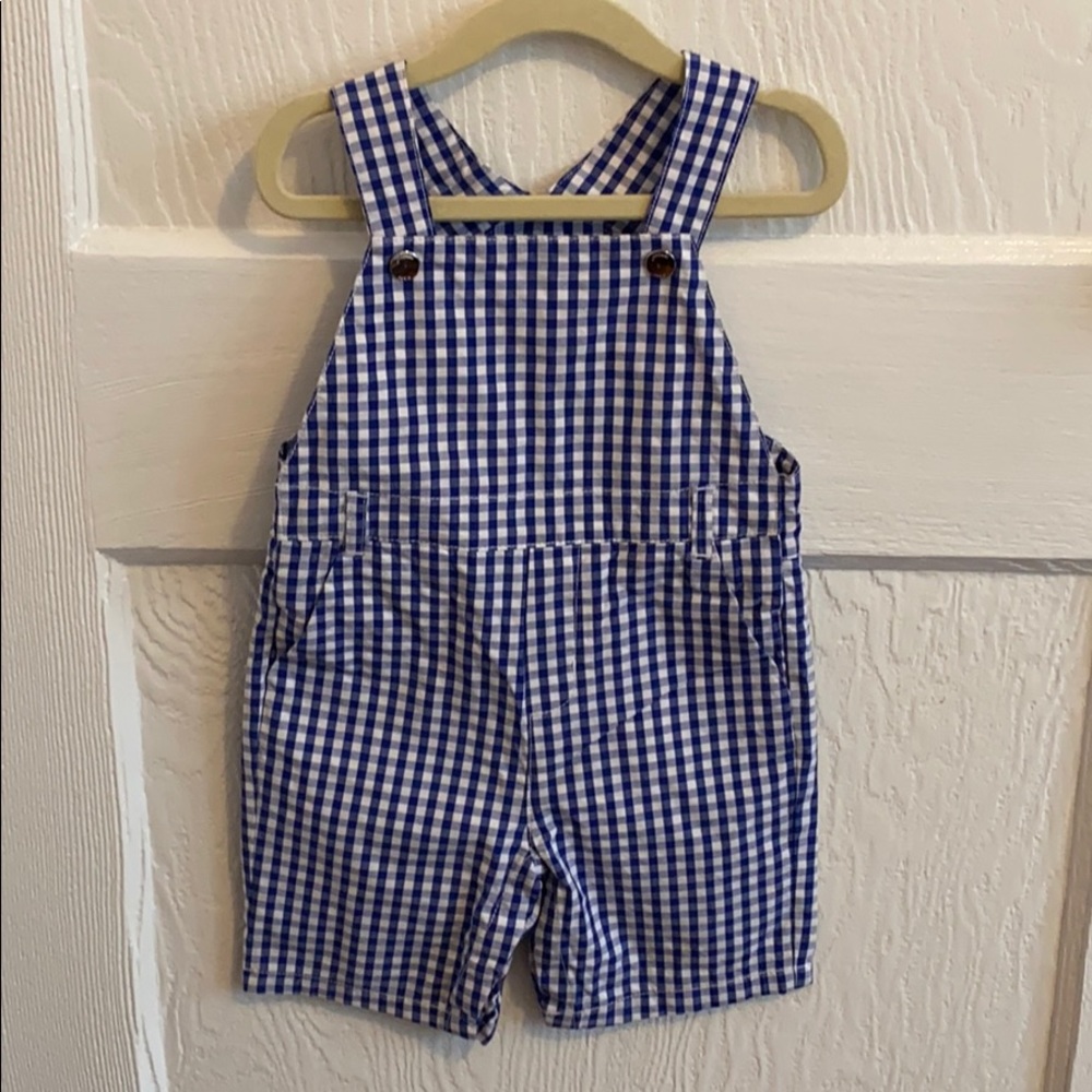 Jacadi gingham short overalls blue & white 36m
